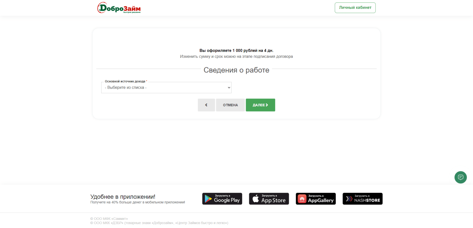 Указать сведения о работе и ежемесячном доходе Займ в Мир Займов шаг 5